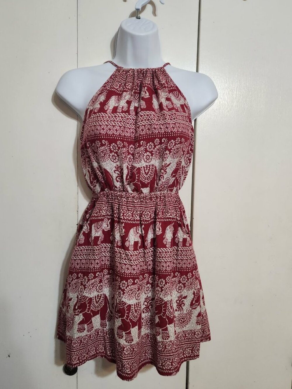 Boho Elephant Print Halter Mini Dress Red White Geometric Smocked Waist Pockets